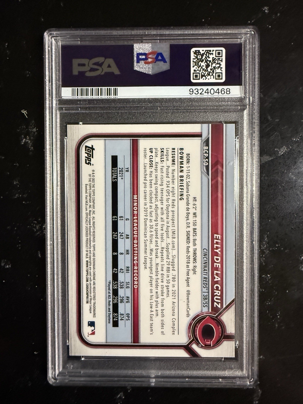 Bowman 2022 Chrome Prospects Elly De La Cruz #BCP-50 Reds 1st Bowman PSA 10 view 2