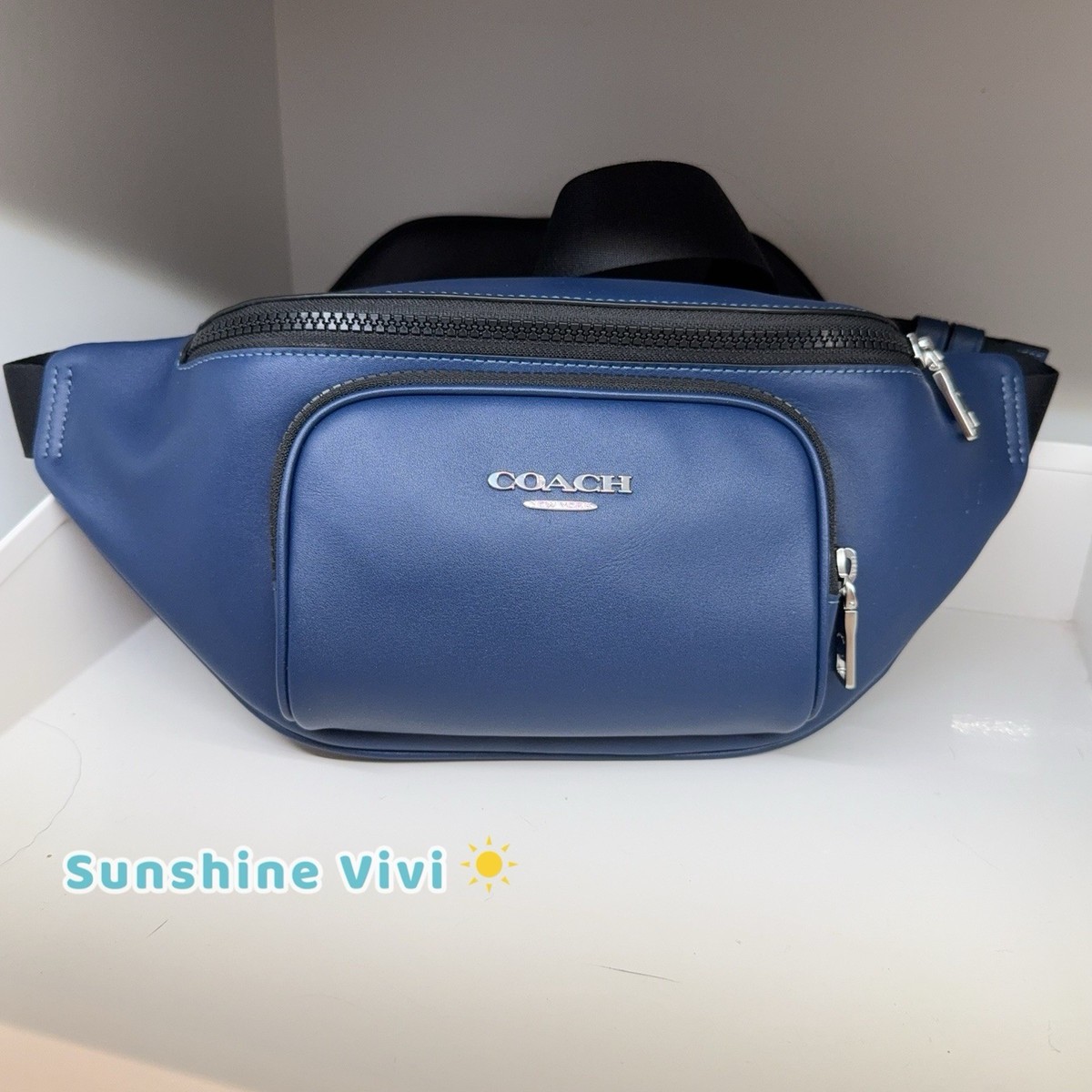 NWT COACH Racer Small Belt Bag Silver Deep blue CBI47 Smooth calf