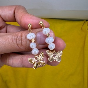 Authentic Natural Freshwater Pearl Earrings 14K Gold Plated Bridal Butterfly Women