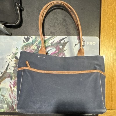 Vintage GAP Navy Tote Bag with Brown Leather Handles, Zip Closure, Contrast Trim