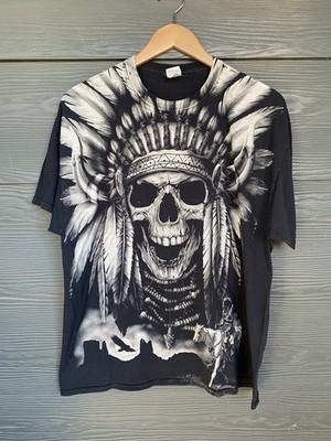 Vintage Y2K Skull Headdress Native American Western Large Print T Shirt Sz XXL