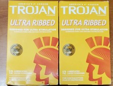 2 Boxes of 12 EACH TROJAN Ultra Ribbed Lubricated Latex Condoms Exp 02/26 SEALED