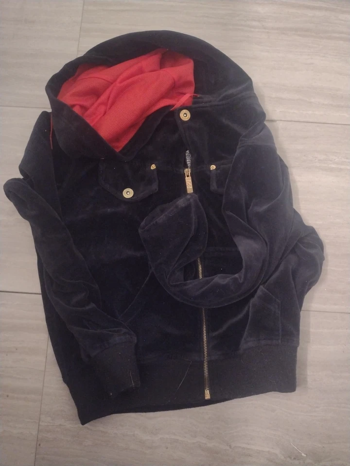 Sudadera con Capucha Y2K Ecko Para Mujer Roja Negra Terciopelo Cremallera con Logo Rojo y Cuentas Blancas XL Foto 2 de 4