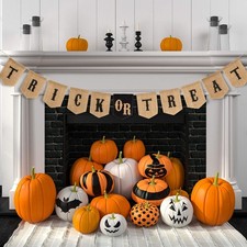 Halloween Trick or Treat Burlap Banner, Hanging Banner Home Decor Bunting Flag F