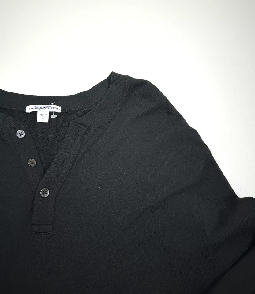  James Perse Supima Cotton Long Sleeve Henley Shirt Size 3 BLACK #360 - Image 2 of 4