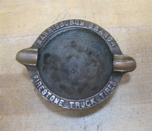 FIRESTONE TRUCK TIRES HARRISBURG BRANCH Old Bronze Advertising Ashtray Sign Tray - Picture 12 of 12