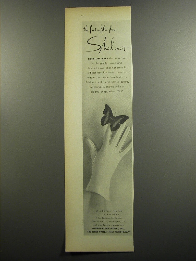 1952 Shalimar Christian Dior Gloves Ad   The finest in fabric gloves