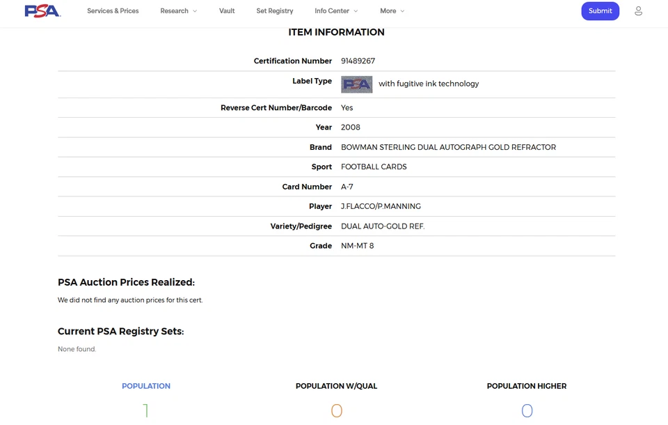 PEYTON MANNING JOE FLACCO AUTO 2008 BOWMAN STERLING RC GOLD SSP LOW POP RARE! - Image 4 of 4
