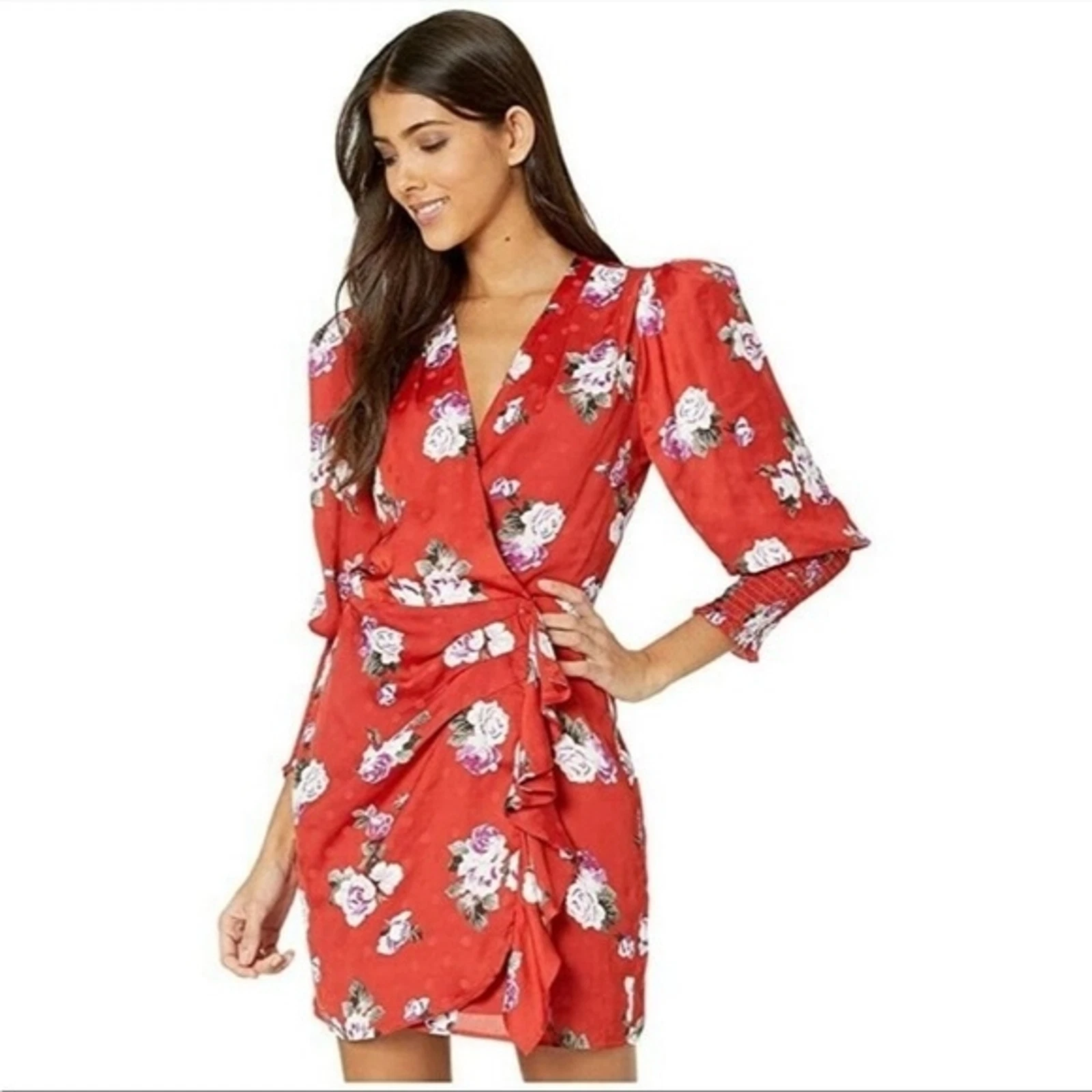 VETEMENTS WAYF Mini Abito Rosso Rose Ruffle Avvolgente Maniche Lunghe a Sbuffo XS