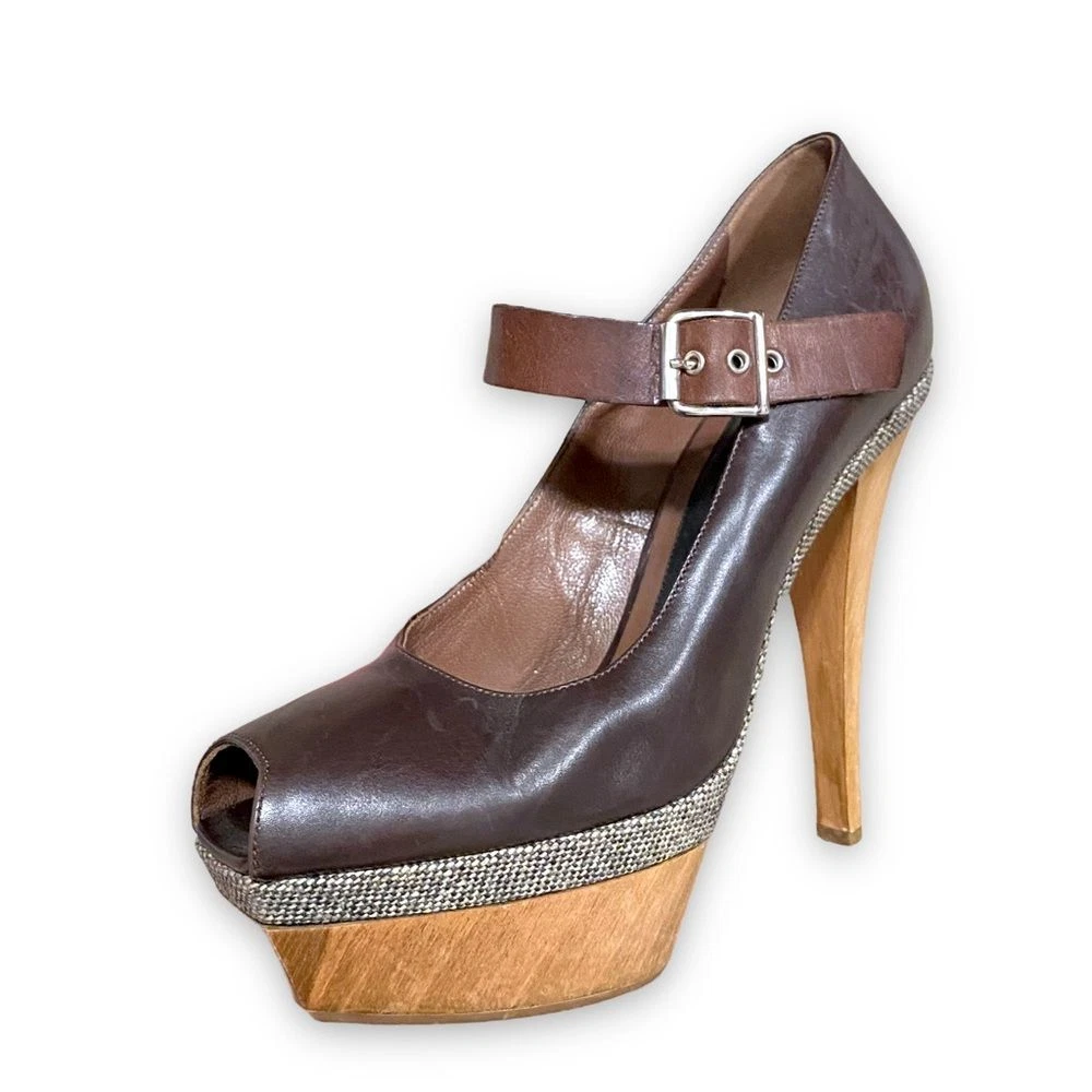 MARNI Scarpa Mary Jane Tweed Wooden Leather Open Toe Pumps Heels Size 8