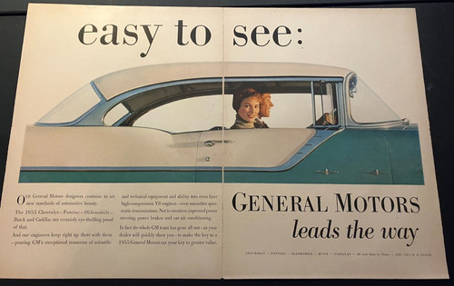 1955 General Motors Cars "Easy To See, Leads The Way"  Vintage Print Ad Wall Art