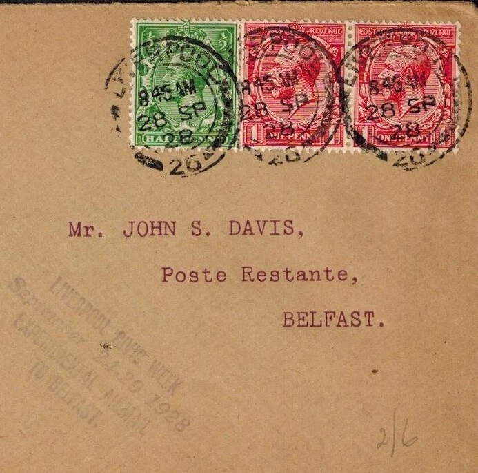 Great Britain 1928 Flying Boat Cacheted Cover w/1/2d, 1d x 2 & Belfast Backstamp - Image 2 of 3