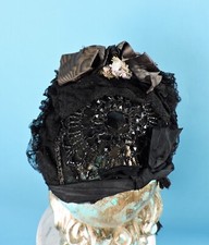 VICTORIAN 19TH C BLACK JET BEAD  LACE BONNET W MOIRE SILK  FLORALS