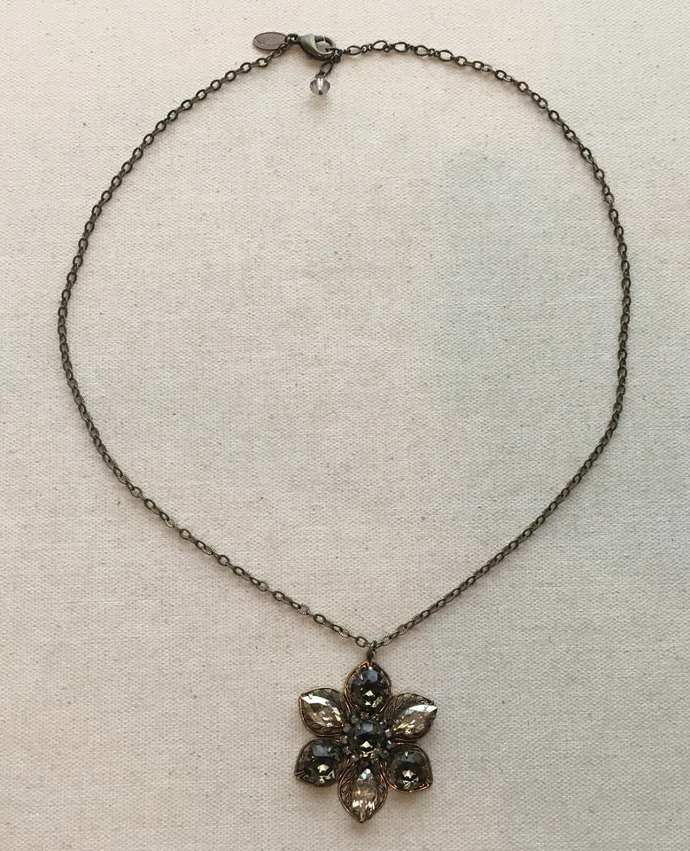 Liz Palacios Flower Necklace Pendant Filigree Smokey Crystal Bohemian 20-22" - Image 4 of 4