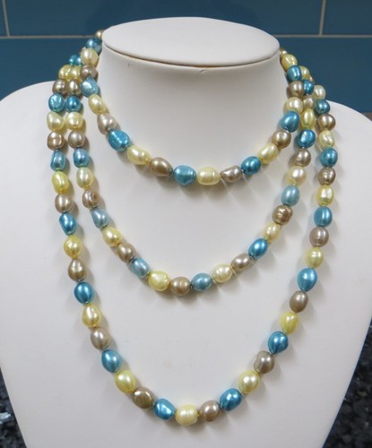 Blue, Gold and Lemon Freshwater Cultured Pearl Flapper Necklace - Picture 3 of 11