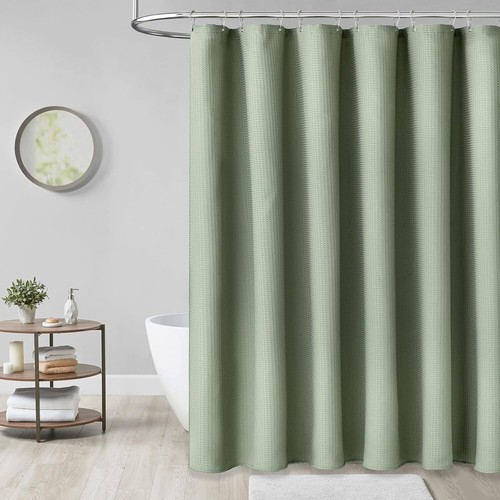 84" Wide Cotton-like Sage Green Shower Curtain - Elegant Waffle Weave Design - Picture 8 of 8