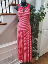 Patty Boutik Women's Red & White Rayon Round Neck Sleeveless Long Maxi Dress L