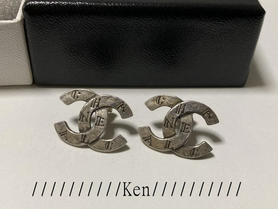 CHANEL Earrings Piercing Limited COCO Vintage AUTH Logo Chrome CC