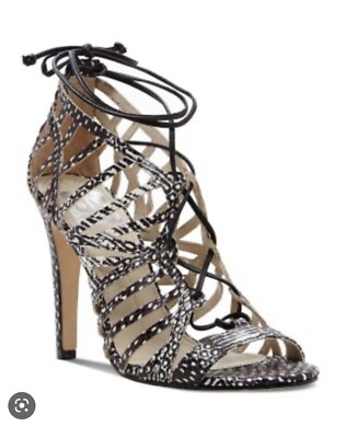 Dolce Vita DV Lace Up Caged Leather Black White Snake Tessah Heels Sandals 10