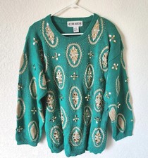 Vintage Victoria Harbour Pullover Sweater Beaded Studded Green Womens Large