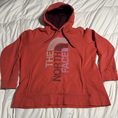 The North Face Hoodie Orange Pink Pocket Pullover Big Logo Spell Out Damen XL
