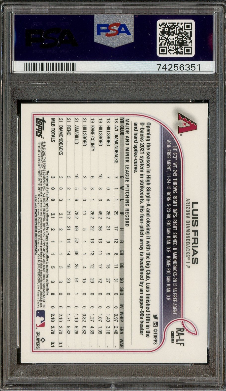 2022 Topps Chrome Luis Frias Diamondbacks RC Rookie AUTO PSA 10 GEM MINT view 2