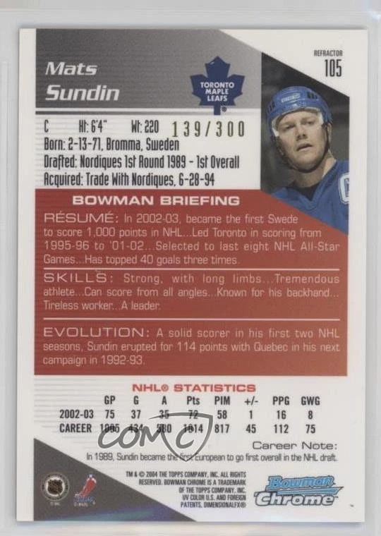 2003 Bowman Chrome Draft Picks & Prospects Refractor /300 Mats Sundin #105 HOF - Image 2 of 2