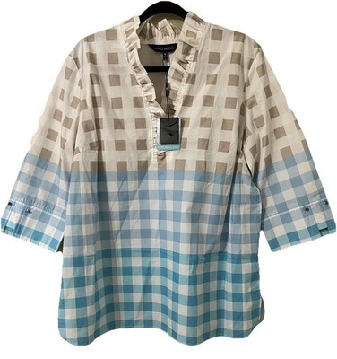 New Ming Wang Mature Lady V-Neck Blouse Gingham Cotton Poplin Blouse Medium U121