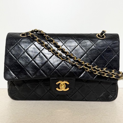CHANEL Matelasse 25 W Flap Shoulder Bag Lambskin Black Gold Hardware