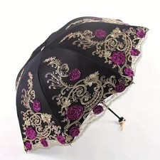 Elegant Black  Purple Rose Floral Lace Sun Umbrella , 8-Rib Compact New