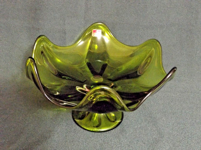 Vintage Viking Glass , hand - hand blow emerald green pedestal bowl circa 1950s
