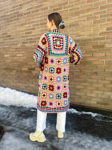 Handmade Granny Sqaure Afghan Coat,Pink Long Crochet Sweater(Made In India) - Picture 2 of 6