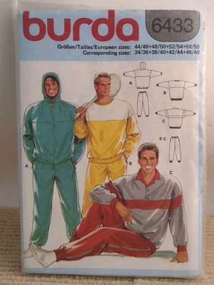 Burda 6433 Men's Sportswear Sweatshirt Pants Pattern VTG 1980s Sz 34-48 UNCUT