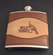 VTG Wild Turkey Bourbon Pocket Flask Stainless Leather Wrap Distillery Promo