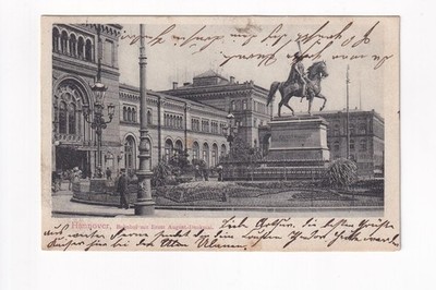 D970) Postcard HANNOVER - Train Station with Ernst August Monument 1905