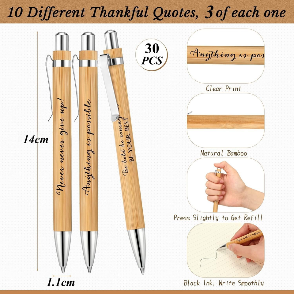 Clabby Set 12 Penne A Sfera In Legno Con Incisione “Bonne Chance” – Penne Ispiratrici Retrattili – Regalo Per Colleghi, Pensionamento, Natale - 4