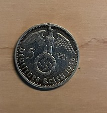 1936 Germany 5 Reichsmark 90% Silver Coin DAMAGED previously was a pendant? 