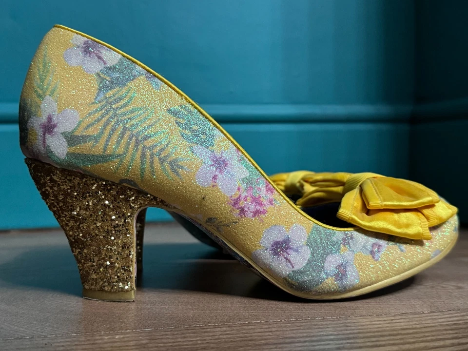 Irregular Choice Ban Joe Yellow Floral Glitter 41 7 8 Gold Glitter Heel - Image 2 of 4