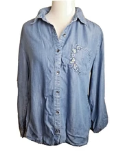 Style & Co Womens Top Chambray Denim Western Button Down Medium Bandana Lyocell