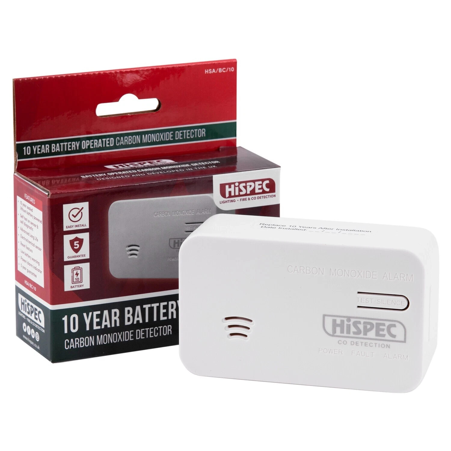 HISPEC HSA/BC/10 CARBON MONOXIDE DETECTOR 10 YEAR BATTERY 5 YEAR GUARANTEE BNIB