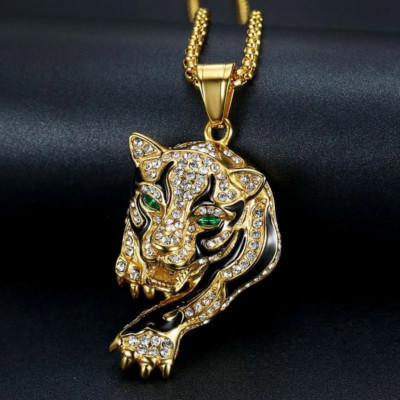 Majestätischer Gold Tiger Anhänger Halskette mit grünen Augen & Kristall Strass