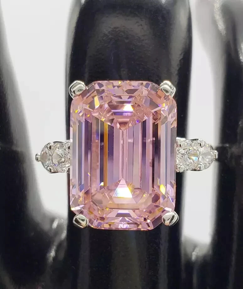 Anillo de diamantes de zafiro rosa natural talla esmeralda de 8,40 quilates de oro blanco de 14 quilates talla 7 Foto 4 de 4