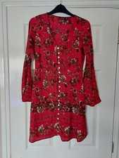 D75 WOMANS BOOHOO RED MIX FLORAL BELL SLEEVE BUTTON UP FLARE DRESS UK 8 EUR 36
