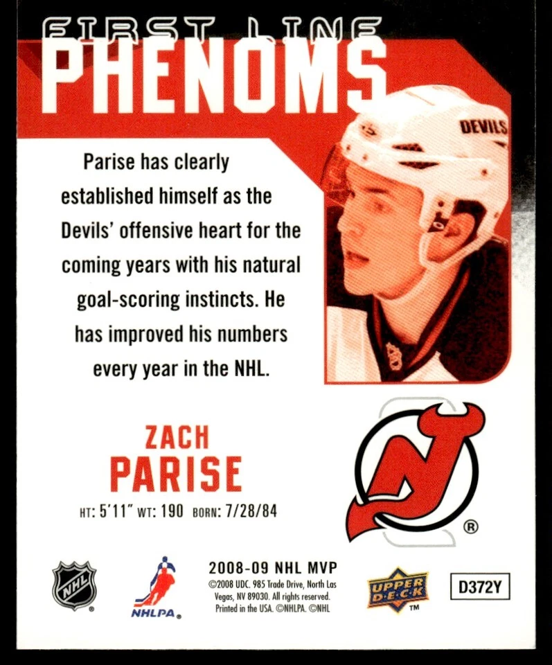 2008-09 Upper Deck MVP First Line Phenoms Zach Parise New Jersey Devils #368 - Image 2 of 2