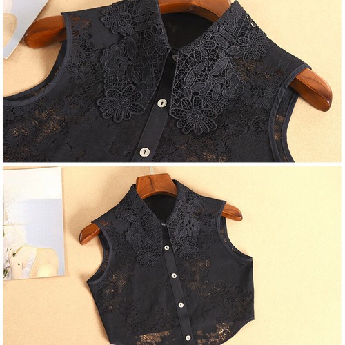 Women Fake Collar Floral Lace Hollow Out Button Down Half Shirt Crop Blouse Bib - Picture 8 of 14