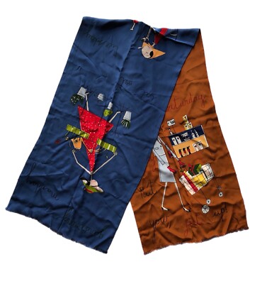 MOSCHINO Vtg Olive Oyl Weekday Blue/Brown Long Silk Scarf