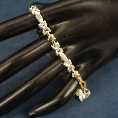 Sterling Silver Two Tone Silver Gold X's and Hearts Bracelet