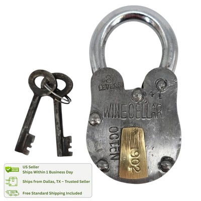 Vintage-Style Wine Cellar Padlock | 8 Lever Iron Lock & Keys   1902 Brass Plate