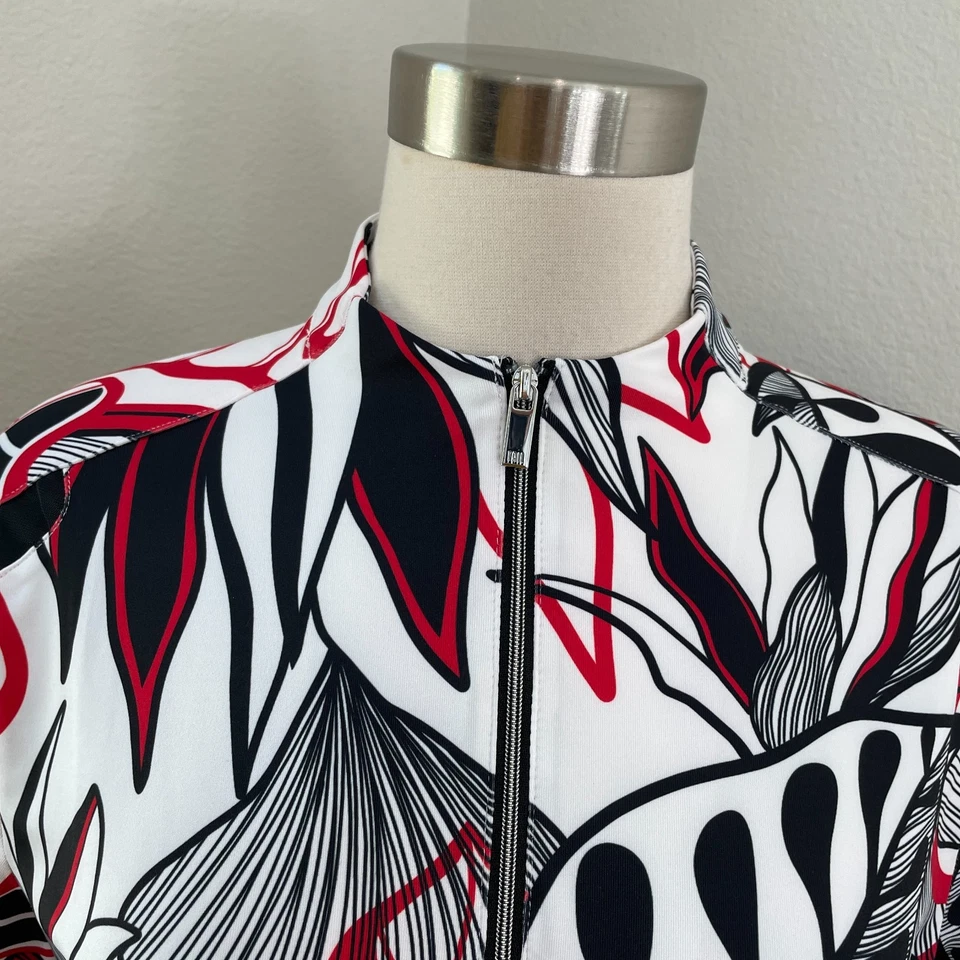 Camisa cauda feminina grande floral folha quarto de zíper golfe manga curta elástica - Imagem 2 de 4