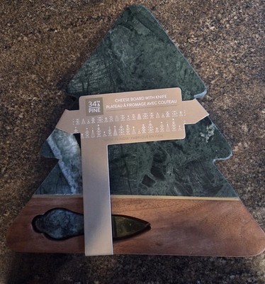 34th & Pine Marble Wood Cheese Board with Knife, Christmas Tree Shape, 14x12in